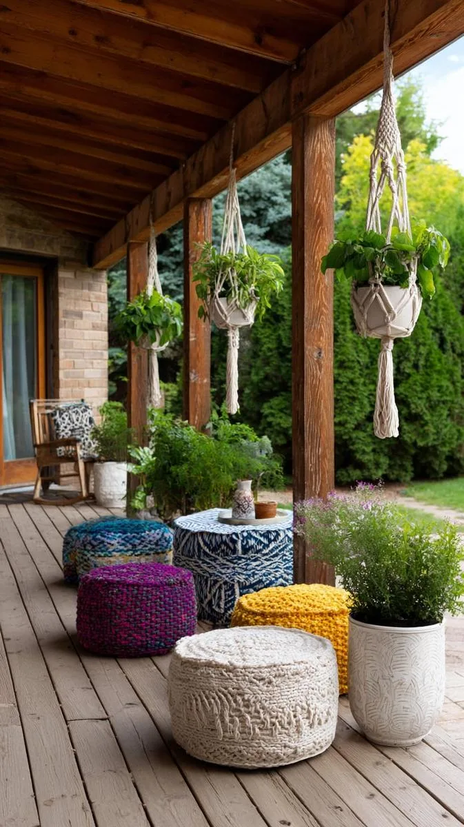 hanging macramé planters and colorful outdoor poufs for a boho retreat 1