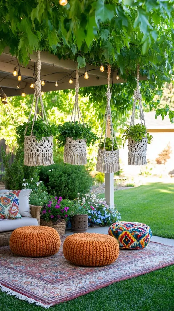 hanging macramé planters and colorful outdoor poufs for a boho retreat 1