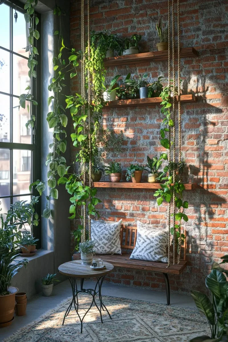 hanging shelf garden with trailing pothos and ferns 1