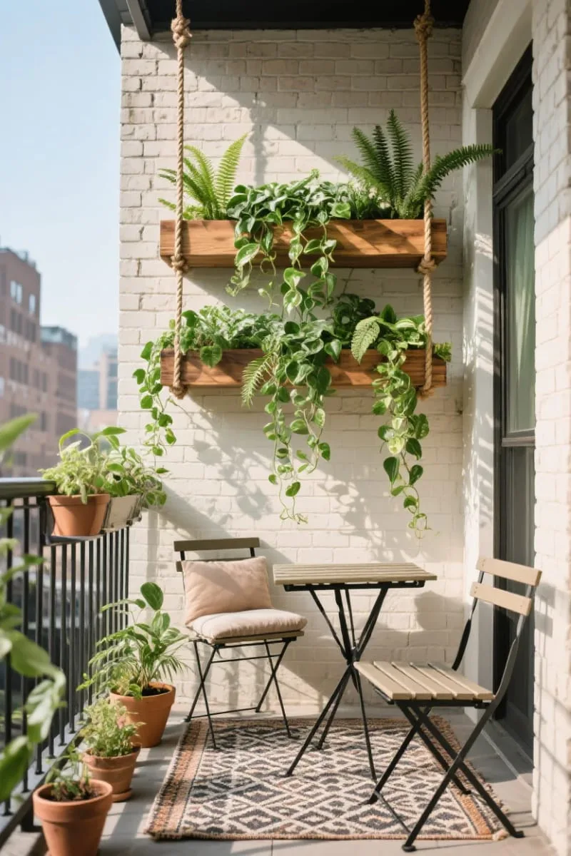 hanging shelf garden with trailing pothos and ferns 1