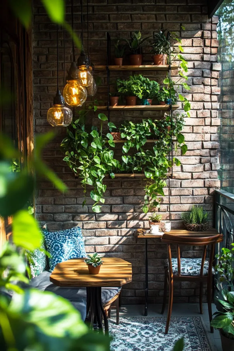 hanging shelf garden with trailing pothos and ferns 1