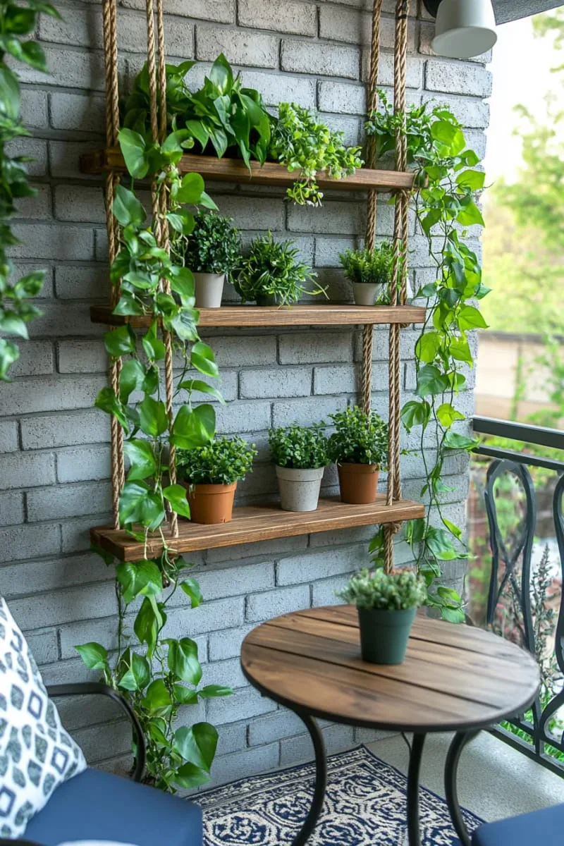 hanging shelf garden with trailing pothos and ferns 1