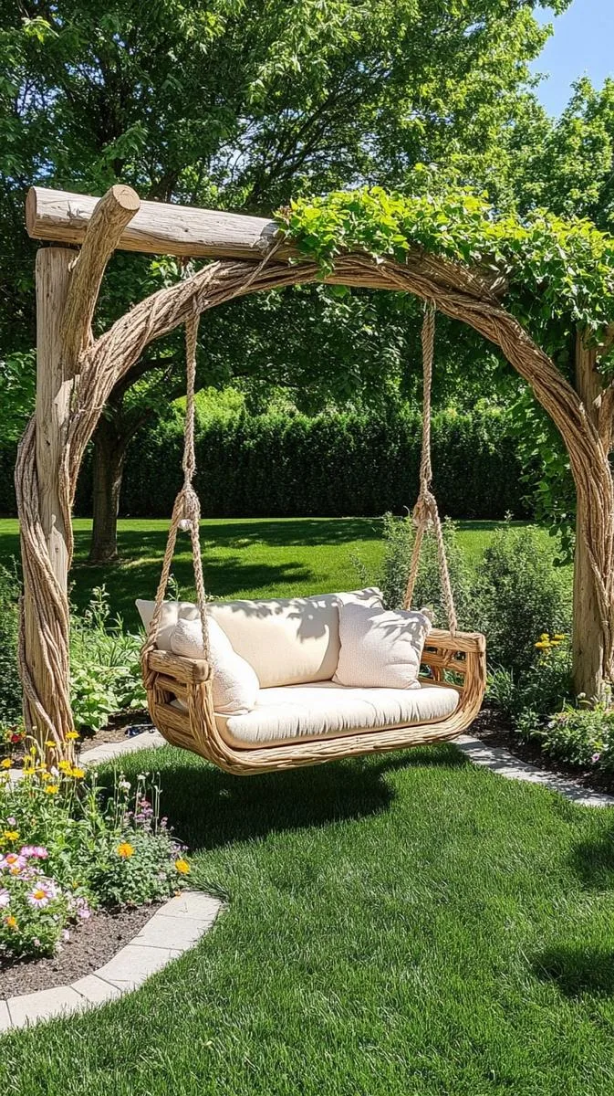 23 Inspiring Backyard No Deck Ideas to Try This Season 15 hanging swing bench under a homemade willow branch arbor 1