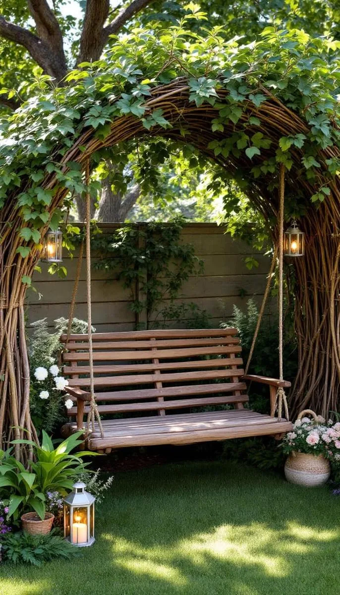 23 Inspiring Backyard No Deck Ideas to Try This Season 16 hanging swing bench under a homemade willow branch arbor 1
