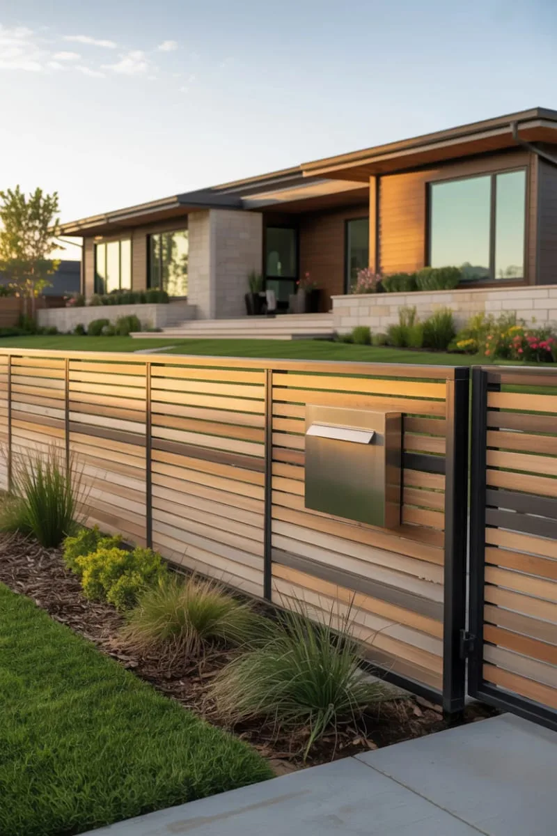 19 Ranch Style Home Exteriors to Inspire Your Next Makeover 26 horizontal wood slat fence with integrated mailbox for updated ranch curb appeal 1