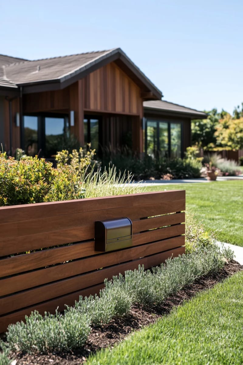 horizontal wood slat fence with integrated mailbox for updated ranch curb appeal 1