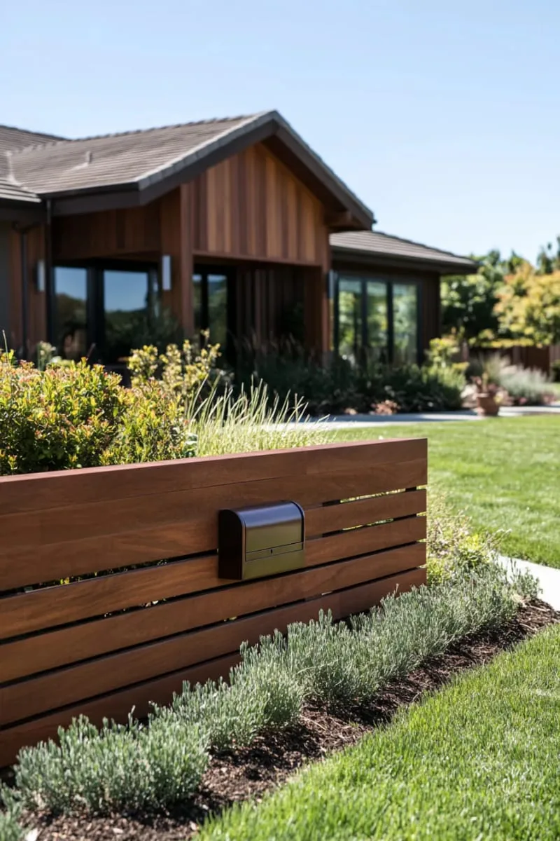 19 Ranch Style Home Exteriors to Inspire Your Next Makeover 27 horizontal wood slat fence with integrated mailbox for updated ranch curb appeal 1
