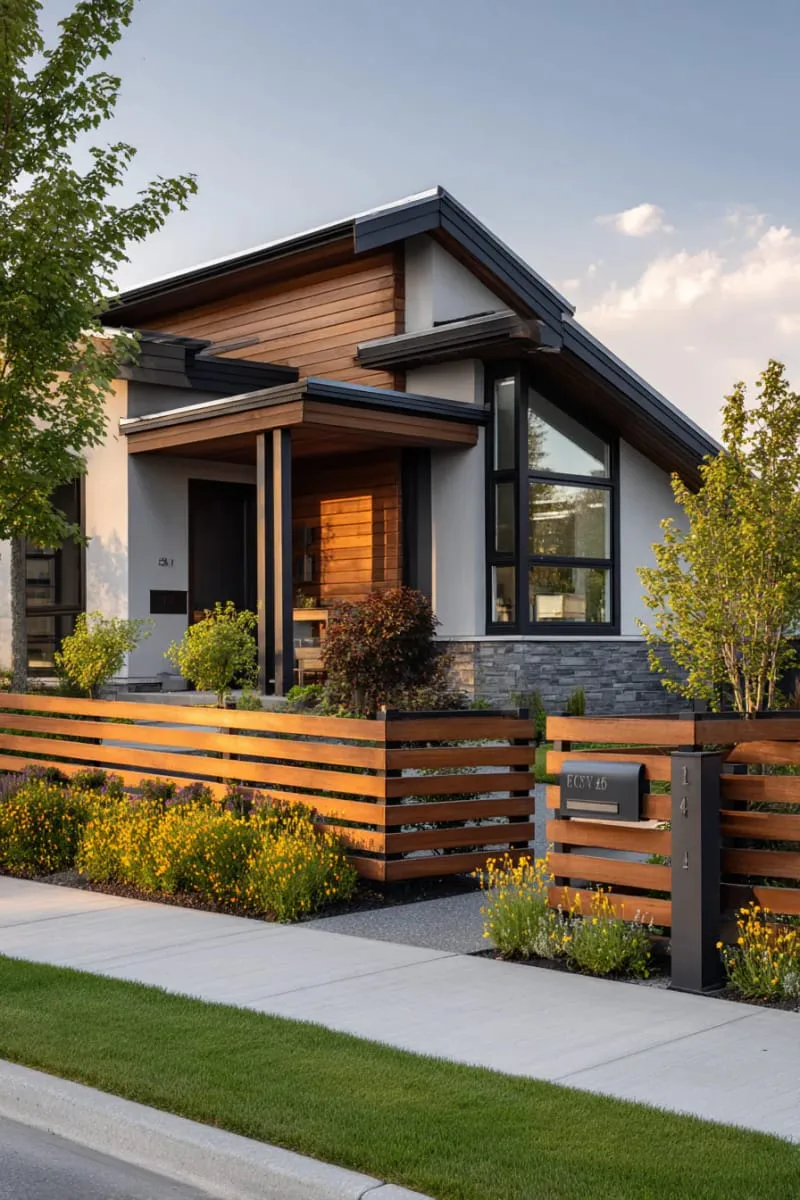 19 Ranch Style Home Exteriors to Inspire Your Next Makeover 32 horizontal wood slat fence with integrated mailbox for updated ranch curb appeal 1