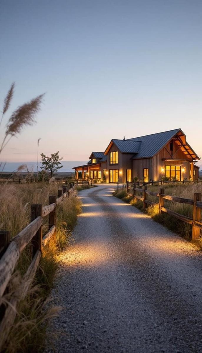 illuminated gravel driveway lined with reclaimed wood fencing and wild grasses 1