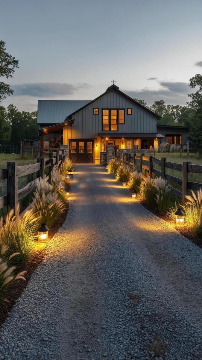 illuminated gravel driveway lined with reclaimed wood fencing and wild grasses 1