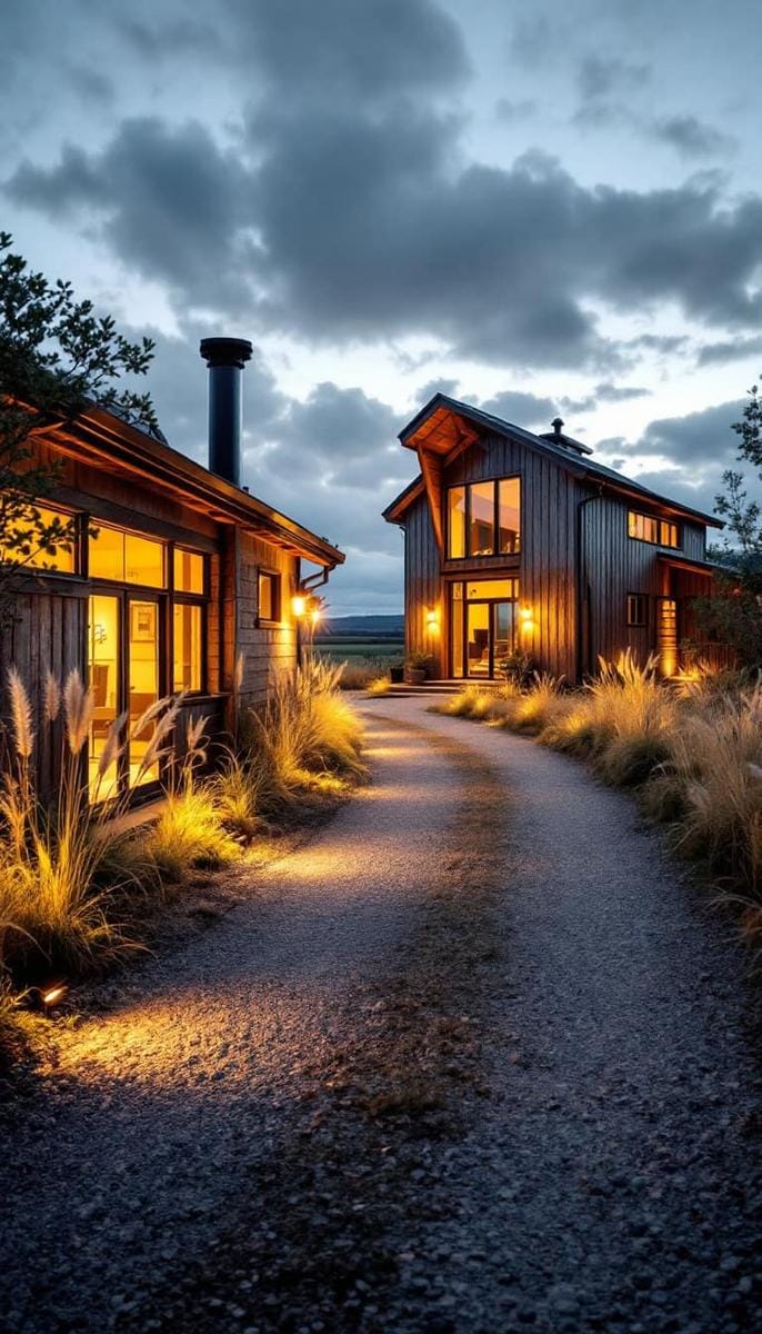 illuminated gravel driveway lined with reclaimed wood fencing and wild grasses 1
