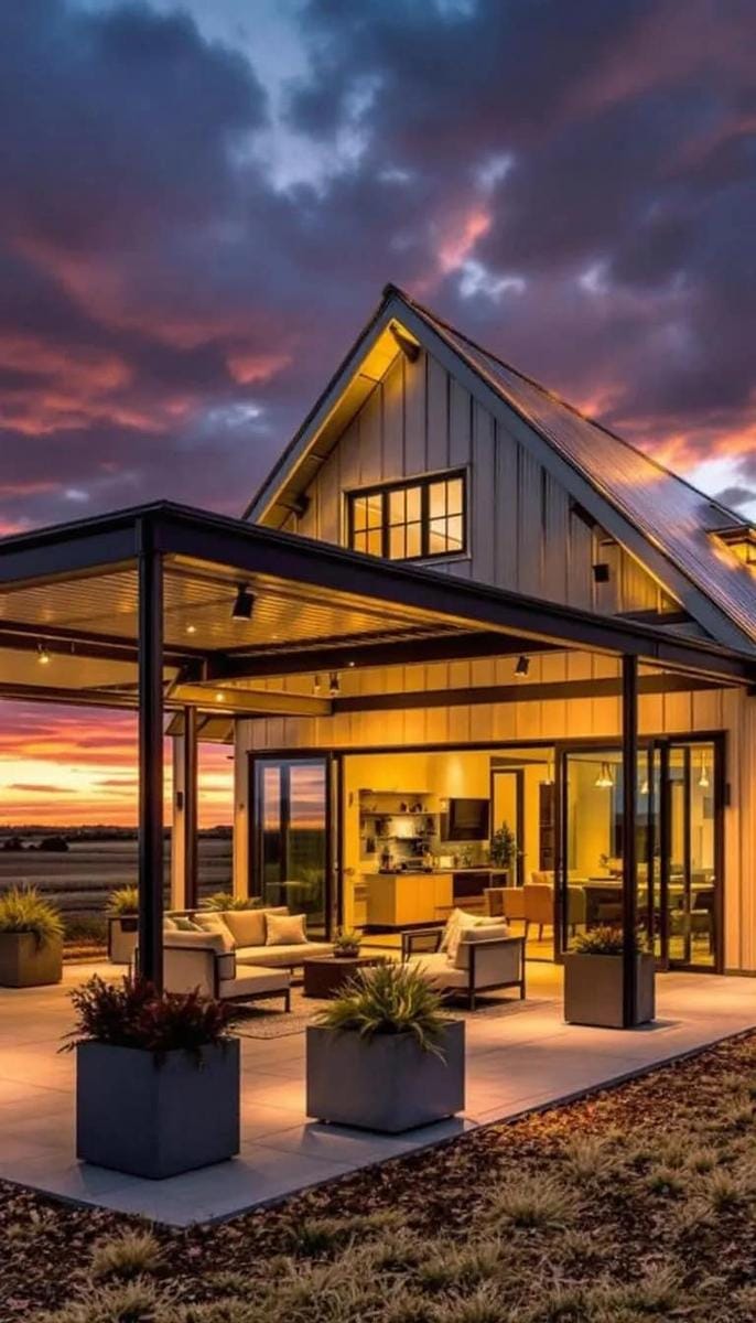 industrial chic exposed beams and corrugated roofing on a covered patio 1