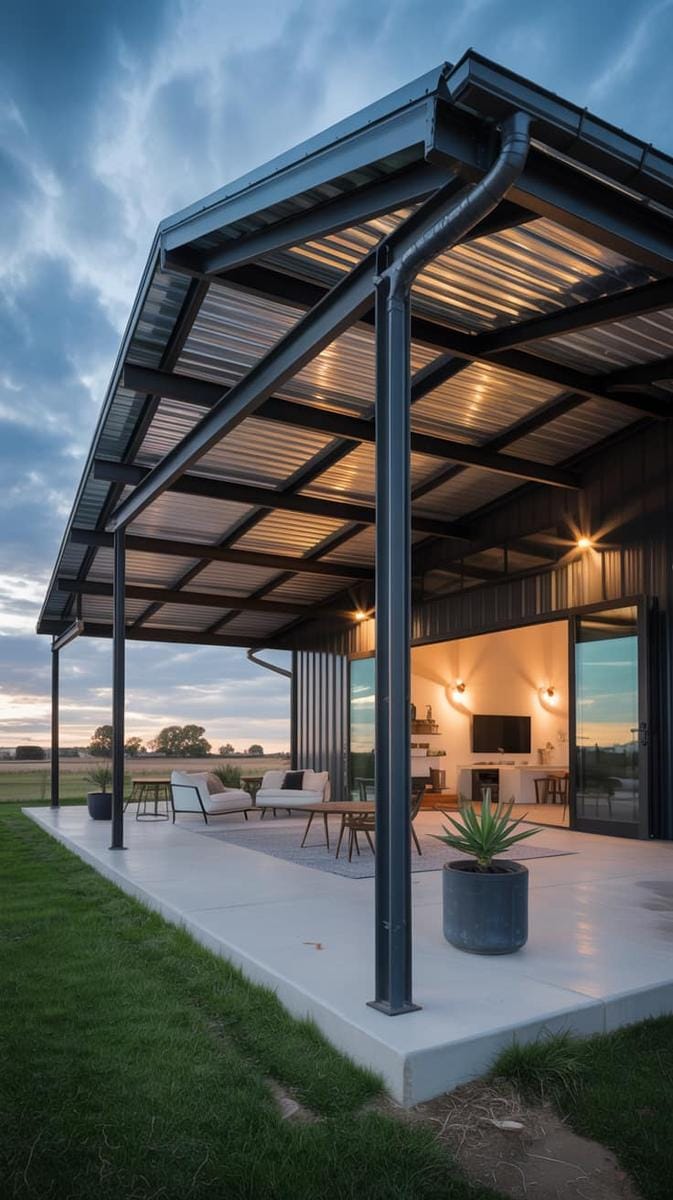 industrial chic exposed beams and corrugated roofing on a covered patio 1