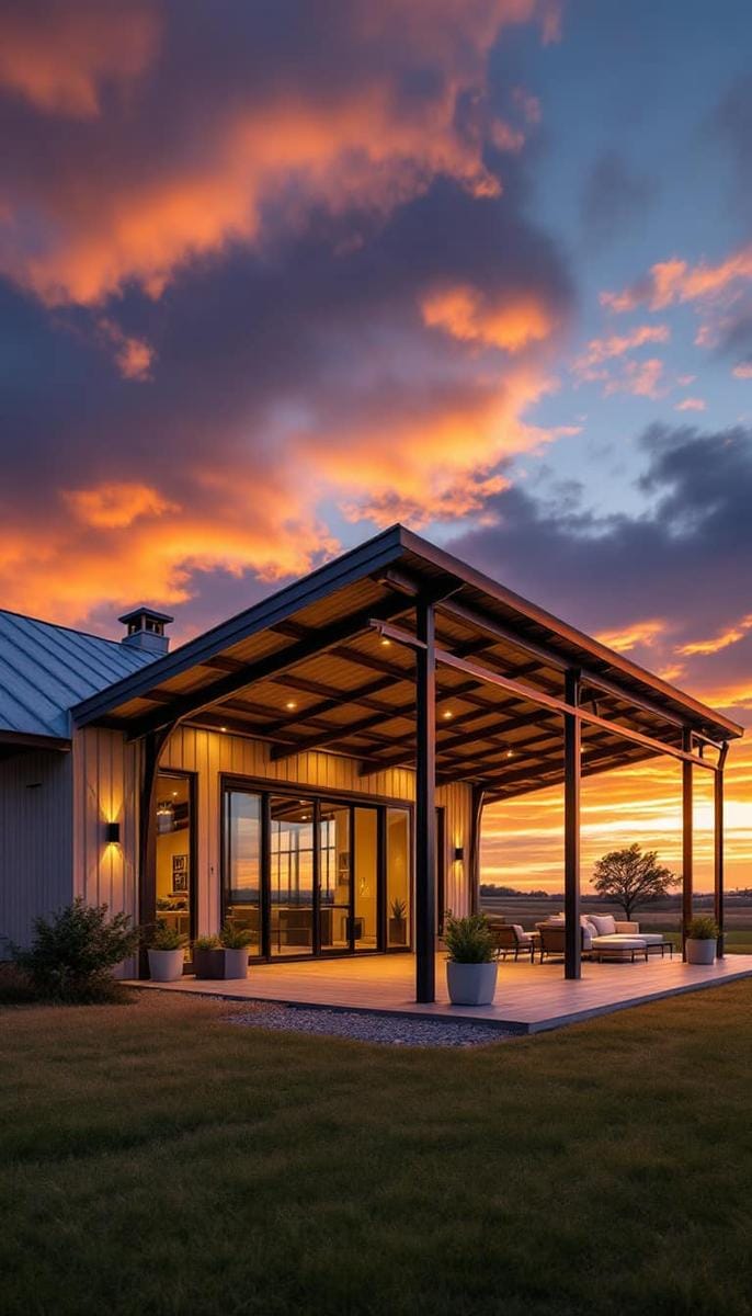 industrial chic exposed beams and corrugated roofing on a covered patio 1