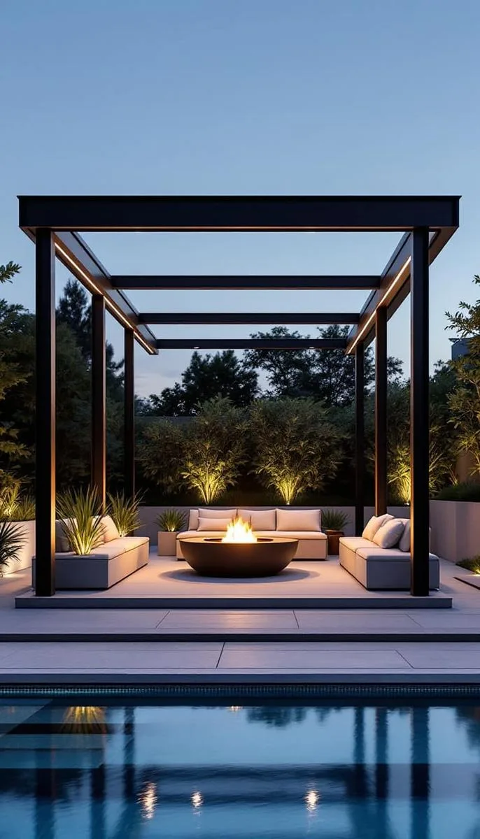 industrial steel pergola with concrete seating and a firepit beside the pool 1 industrial steel pergola with concrete seating and a firepit beside the pool 1