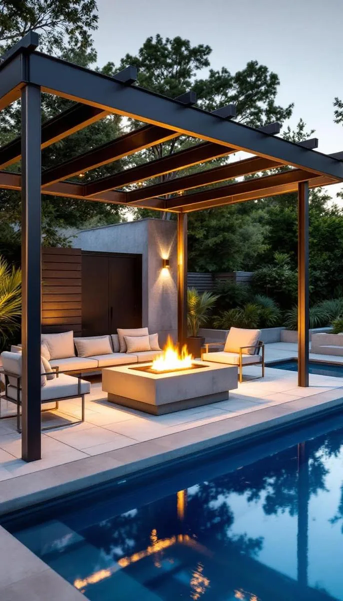 industrial steel pergola with concrete seating and a firepit beside the pool 1 industrial steel pergola with concrete seating and a firepit beside the pool 1