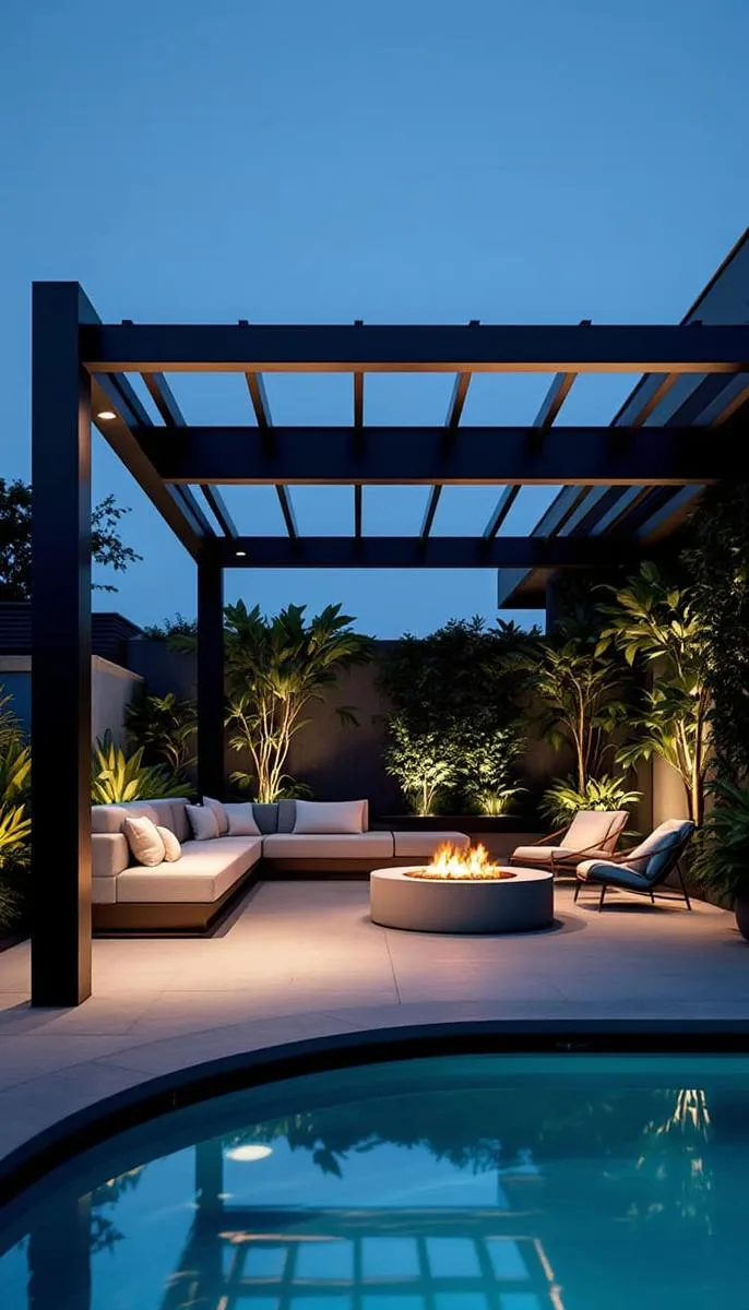 industrial steel pergola with concrete seating and a firepit beside the pool 1 industrial steel pergola with concrete seating and a firepit beside the pool 1