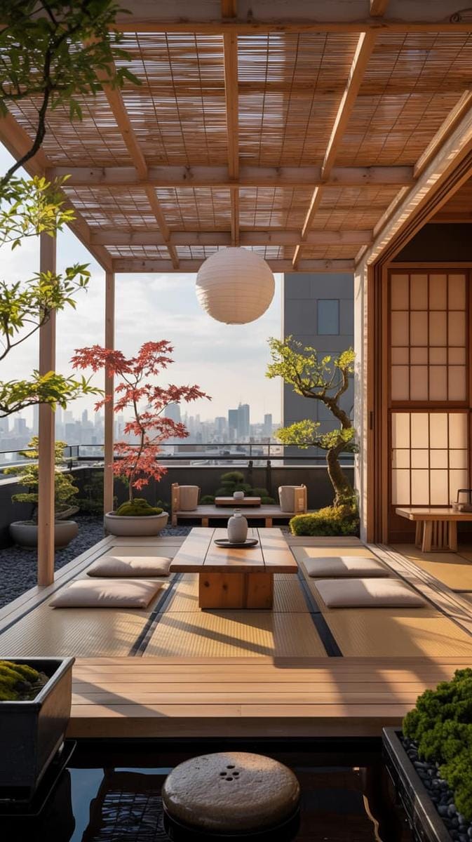 japanese-inspired rooftop tea house with tatami mats 1
