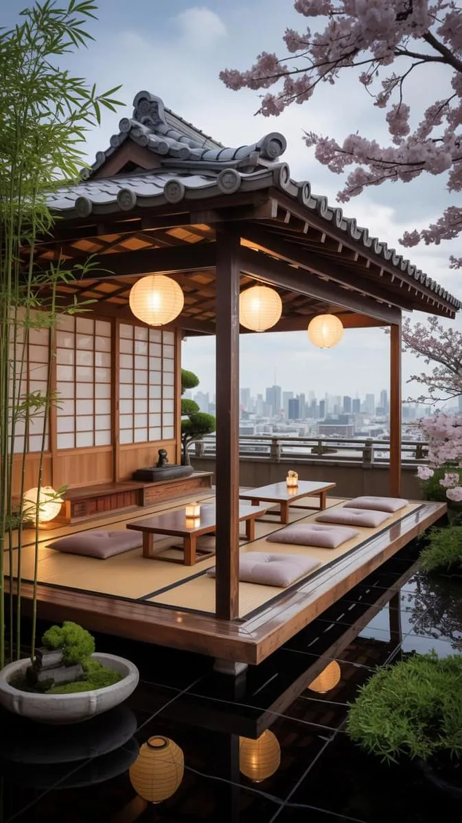 japanese-inspired rooftop tea house with tatami mats 1