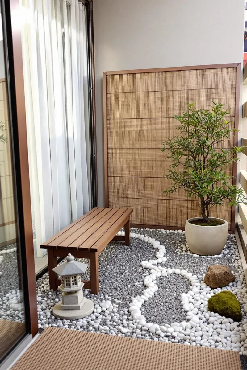 japanese-inspired zen corner with gravel, pebbles, and a mini lantern 1