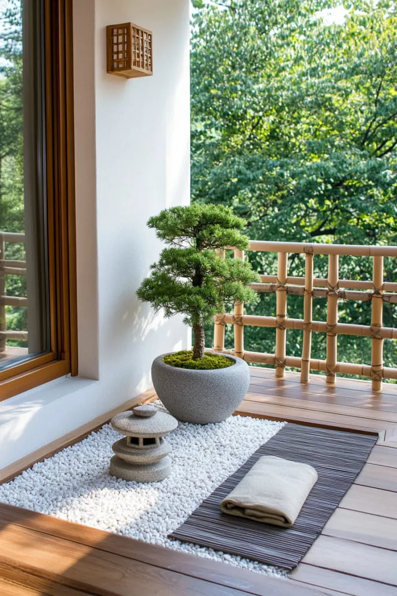 japanese-inspired zen corner with gravel, pebbles, and a mini lantern 1