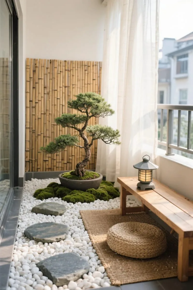 japanese-inspired zen corner with gravel, pebbles, and a mini lantern 1