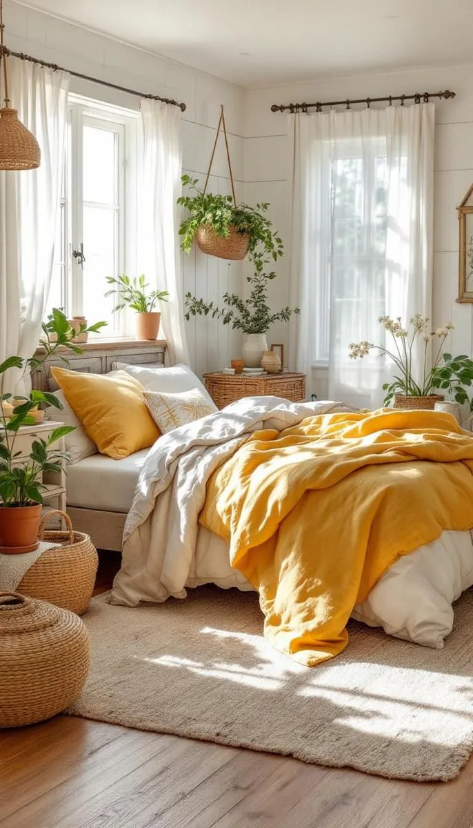 27 Dreamy Farmhouse Summer Decor Inspirations to Refresh Your Space 73 layered neutral and yellow quilts for a sunlit, inviting farmhouse bedroom 1
