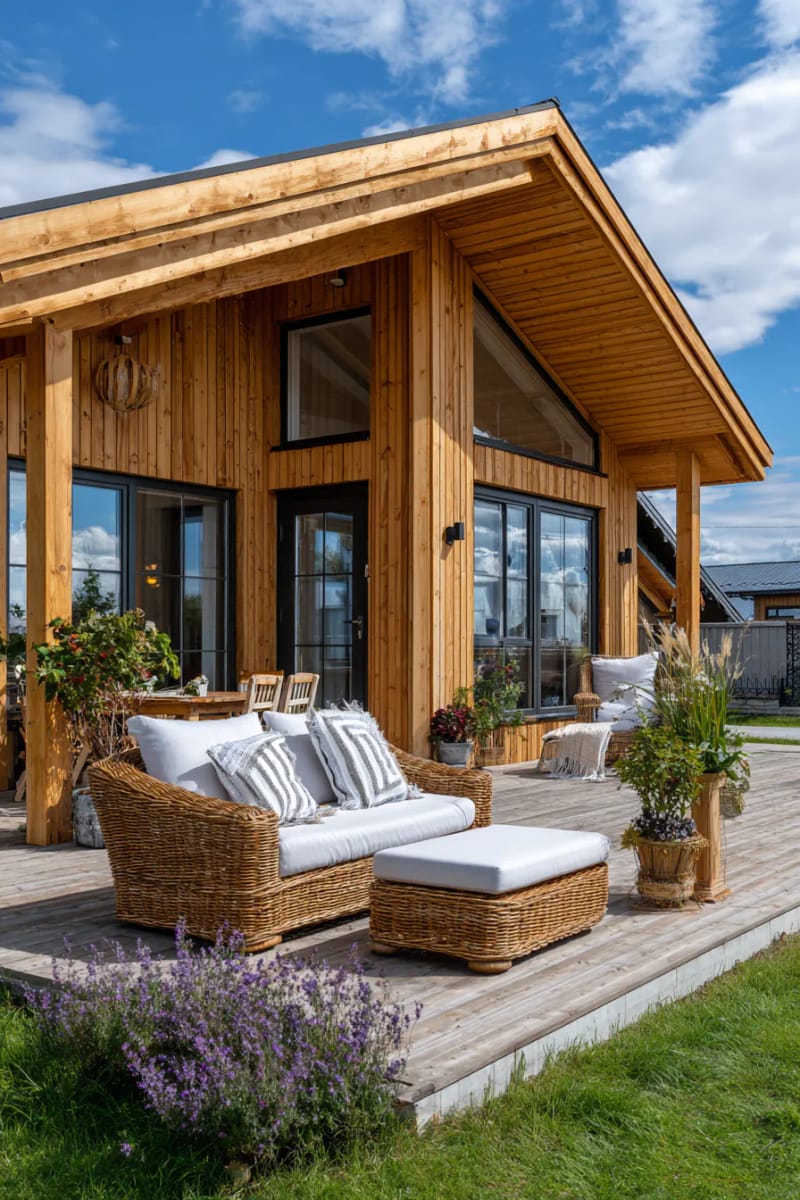 21 Small Barn House Designs with Modern Rustic Charm 57 light-toned barn home with large overhang and patio 1