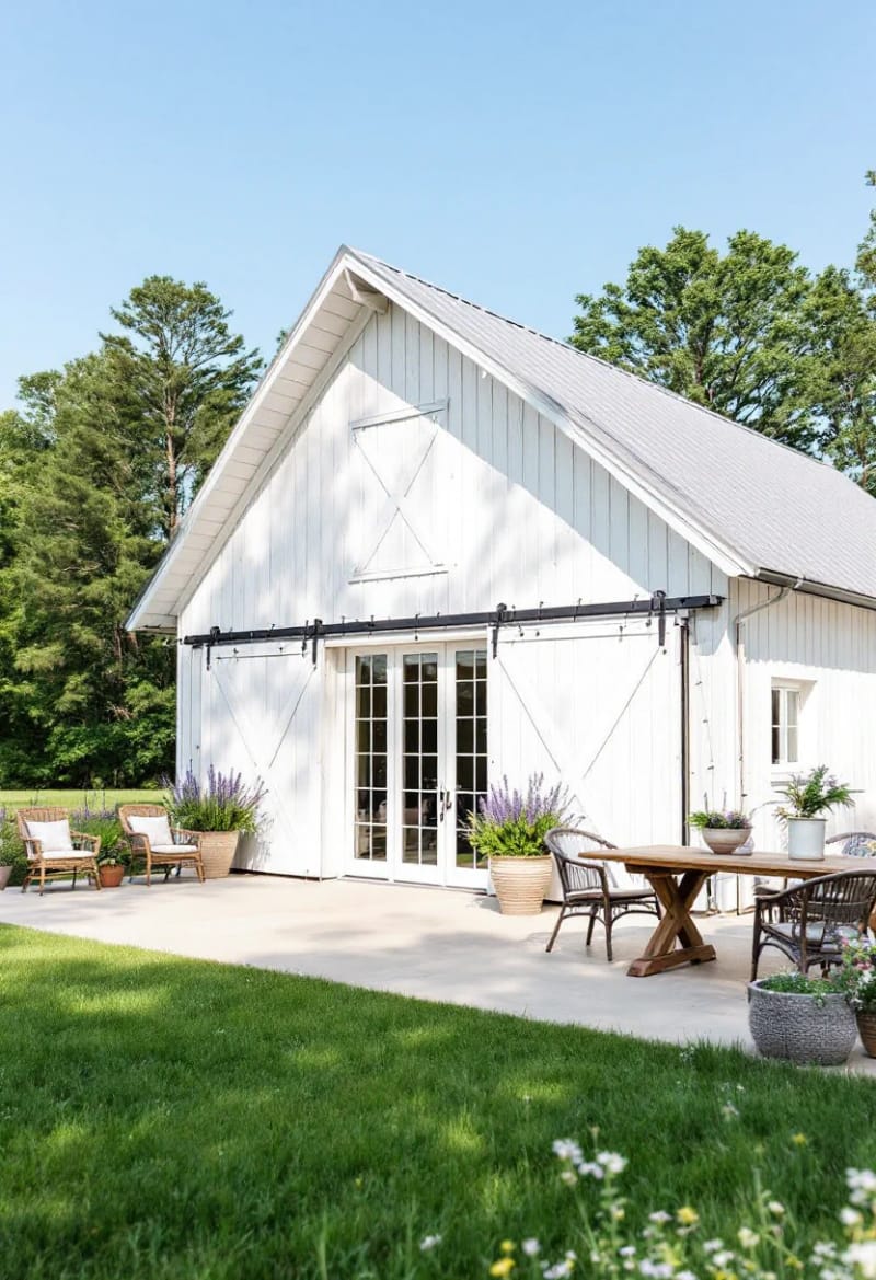 21 Small Barn House Designs with Modern Rustic Charm 58 light-toned barn home with large overhang and patio 1