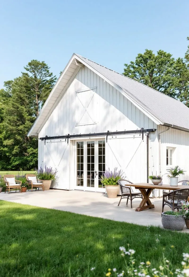 21 Small Barn House Designs with Modern Rustic Charm 58 light-toned barn home with large overhang and patio 1