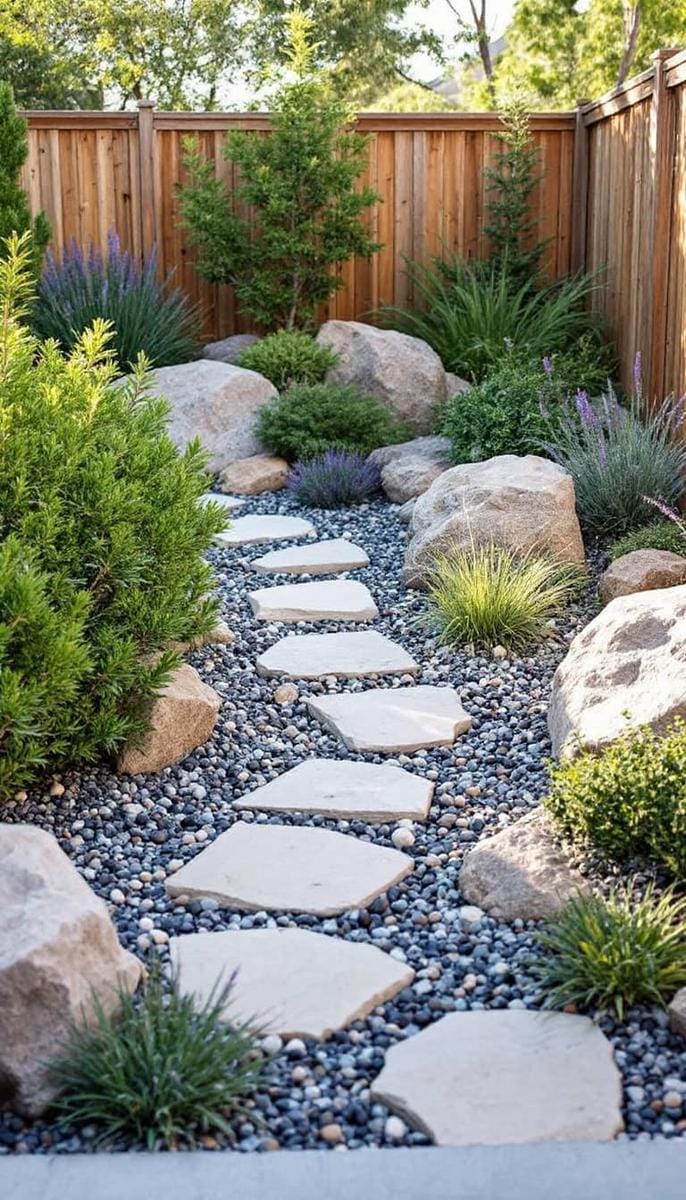 low-maintenance rock garden with shrubs 1