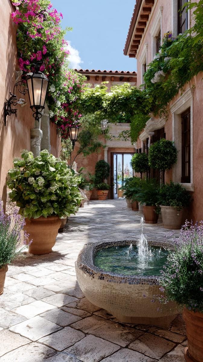 lush mediterranean courtyard with mosaic-tiled bubbling water bowl 1
