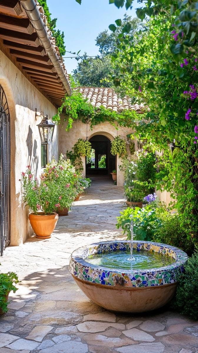 lush mediterranean courtyard with mosaic-tiled bubbling water bowl 1