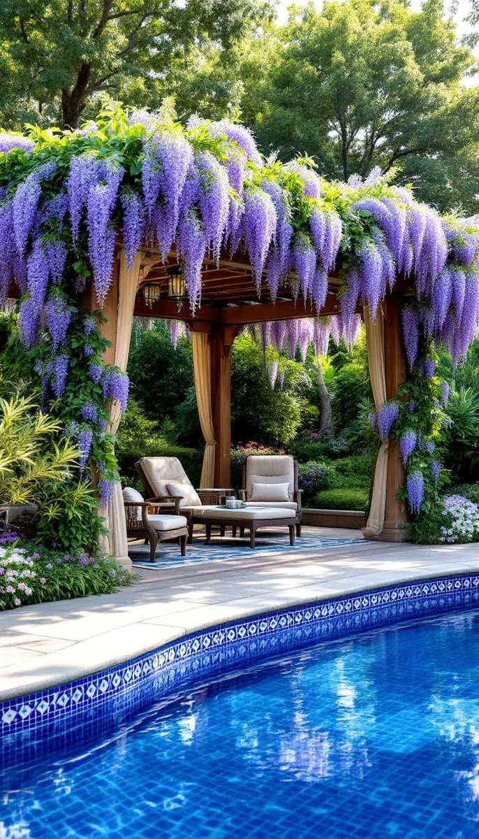 lush pergola draped in wisteria blooms with mosaic tile pool border 1 lush pergola draped in wisteria blooms with mosaic tile pool border 1