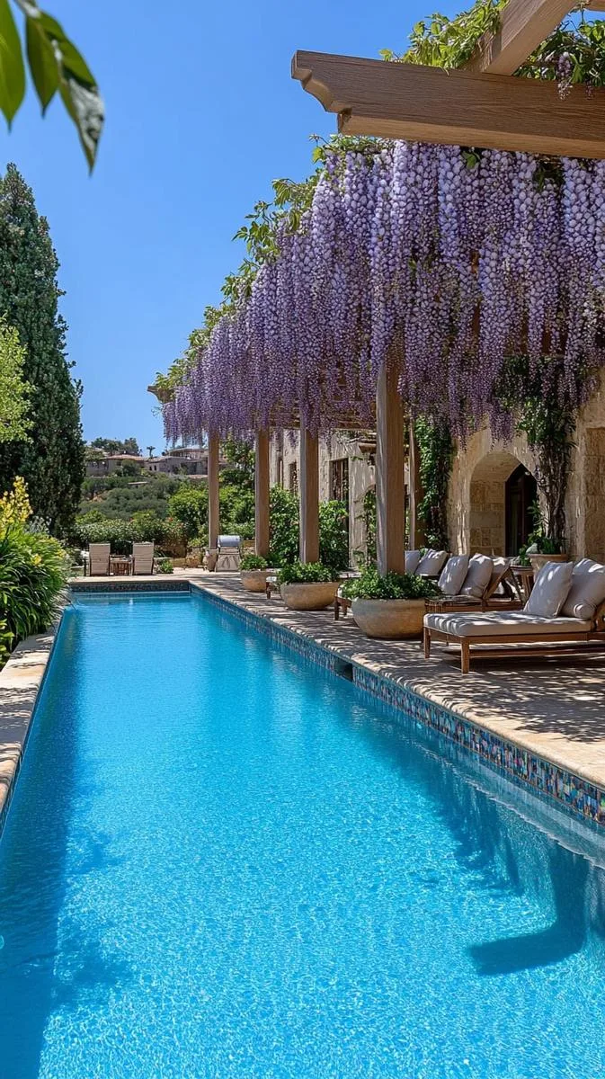 lush pergola draped in wisteria blooms with mosaic tile pool border 1 lush pergola draped in wisteria blooms with mosaic tile pool border 1