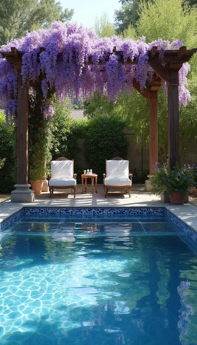 lush pergola draped in wisteria blooms with mosaic tile pool border 1 lush pergola draped in wisteria blooms with mosaic tile pool border 1