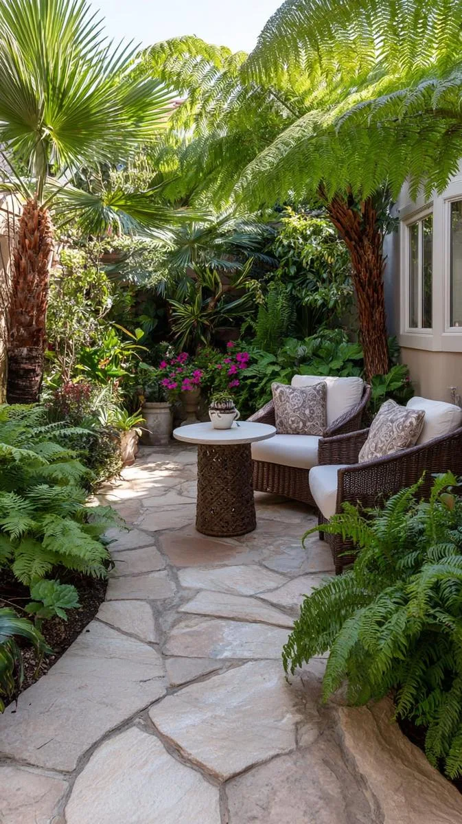 15 Smaller Backyard Landscaping Ideas That Maximize Space & Style 34 lush tropical landscaping around patio tiles 1