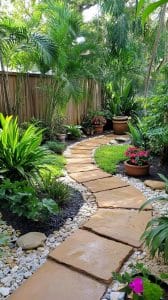 lush tropical landscaping around patio tiles 34