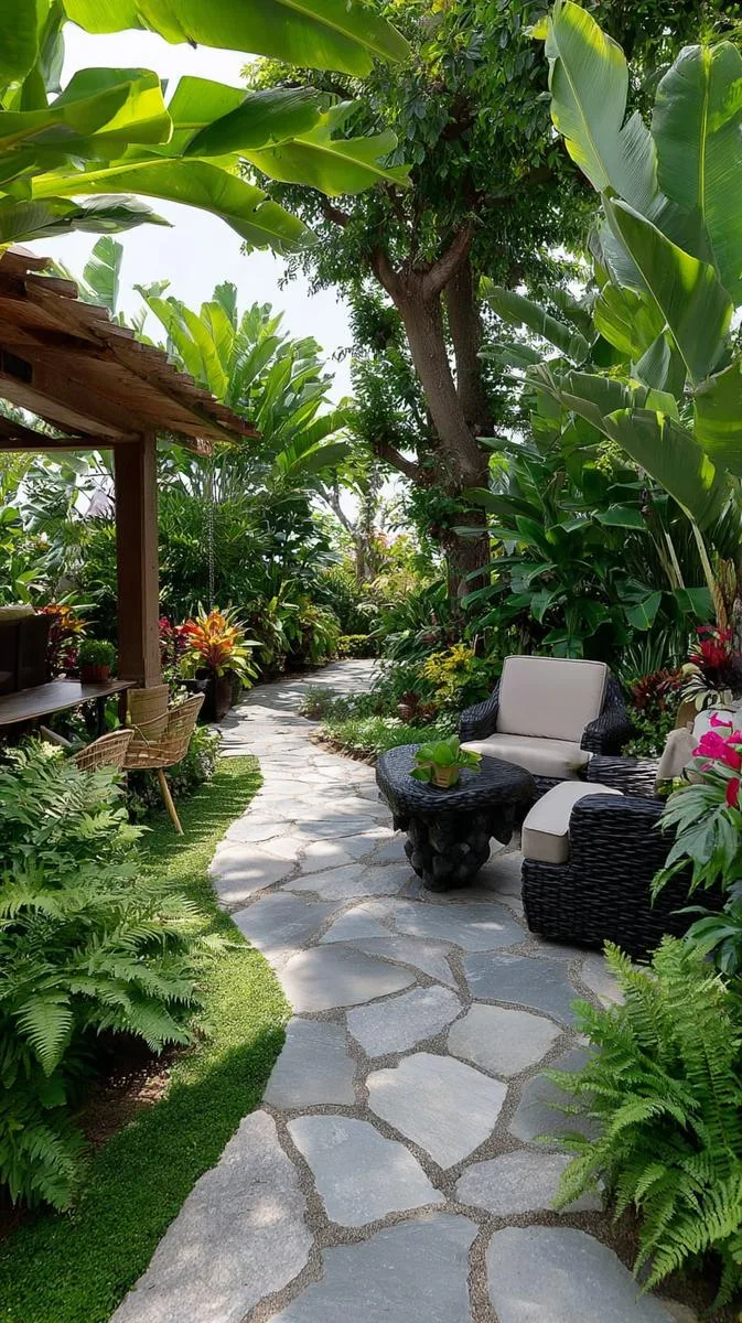 15 Smaller Backyard Landscaping Ideas That Maximize Space & Style 36 lush tropical landscaping around patio tiles 1