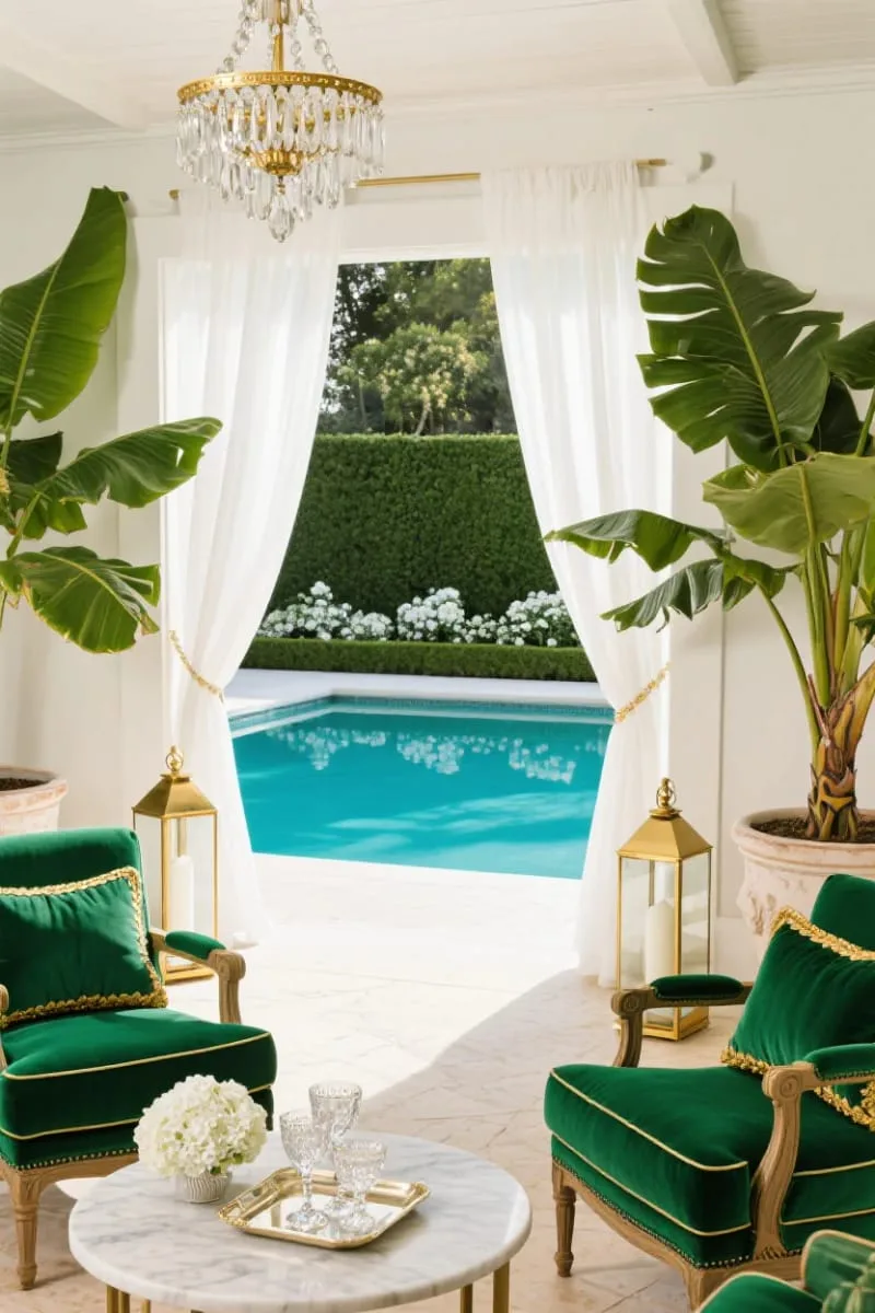 luxe pool house cabana with velvet seating and gold accents 1