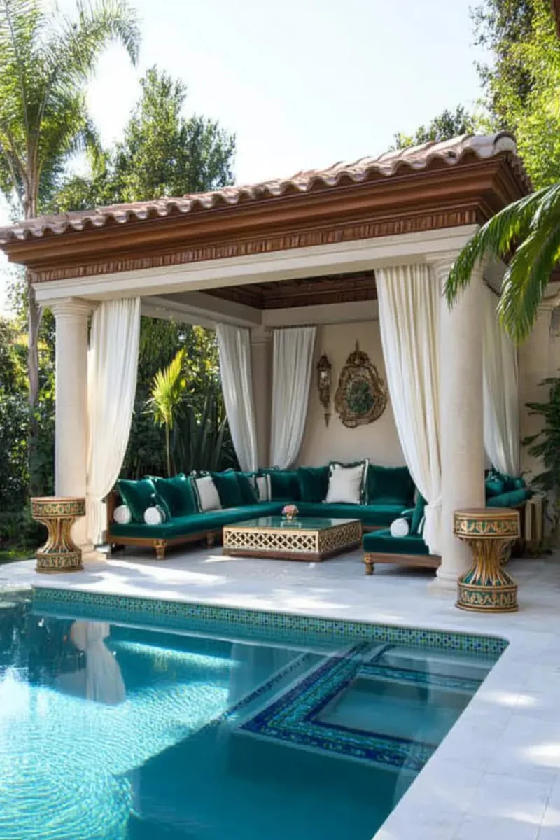 luxe pool house cabana with velvet seating and gold accents 1