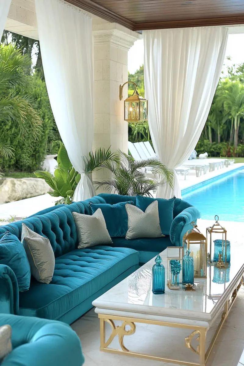 luxe pool house cabana with velvet seating and gold accents 1