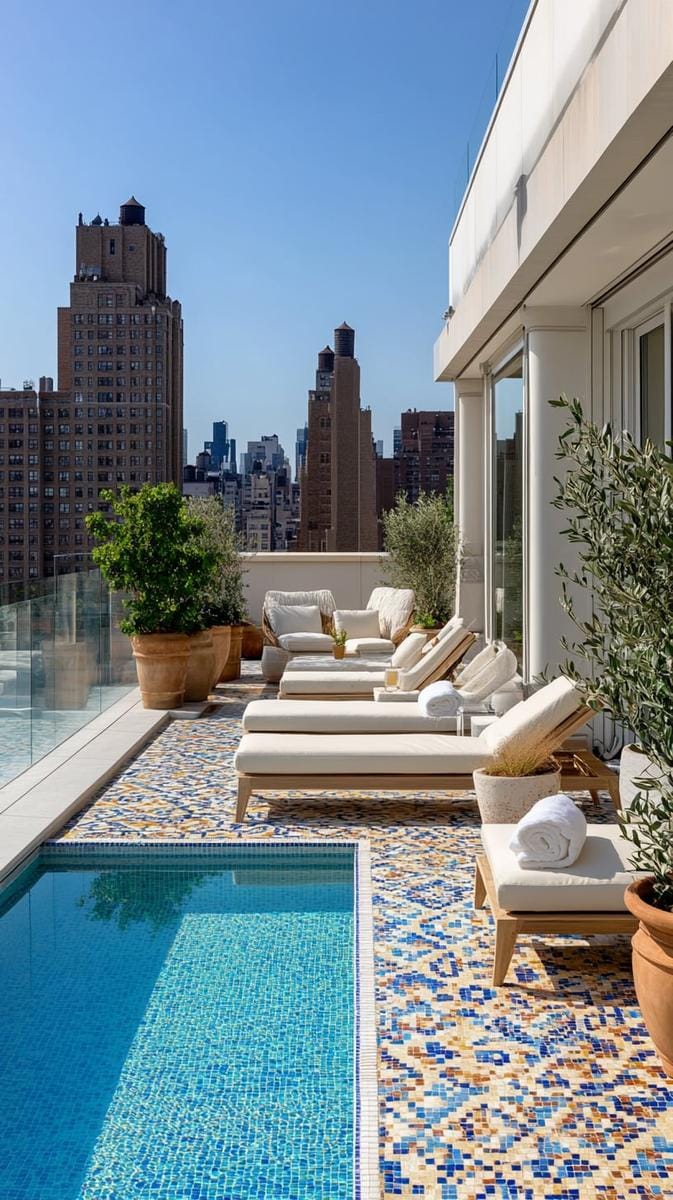 luxury spa terrace with plunge pool and mosaic tile floor 1