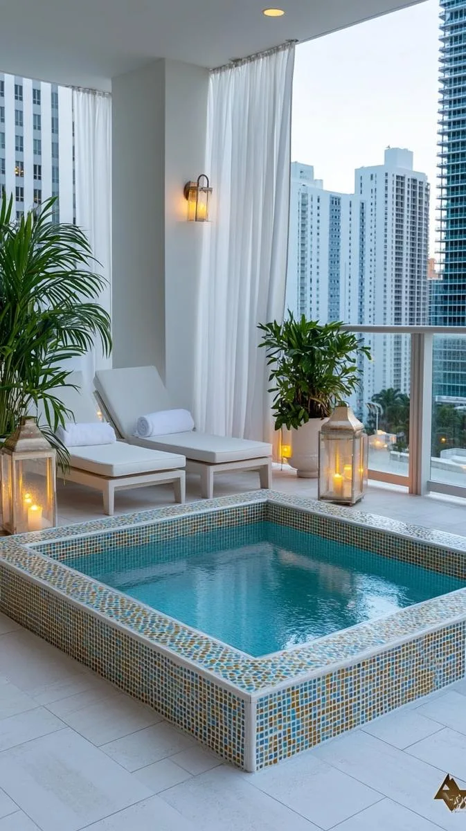luxury spa terrace with plunge pool and mosaic tile floor 1