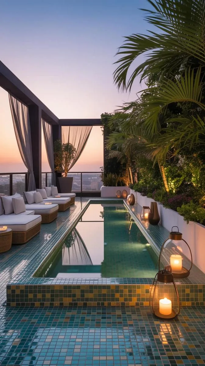 luxury spa terrace with plunge pool and mosaic tile floor 1