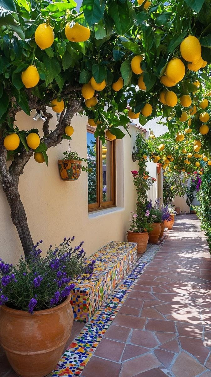 mediterranean courtyard with lemon trees, lavender borders, and mosaic benches 1