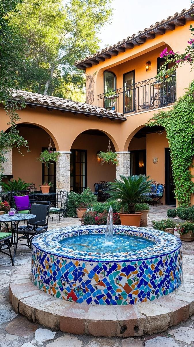 mediterranean-inspired courtyard with a hand-painted tiled water fountain 1