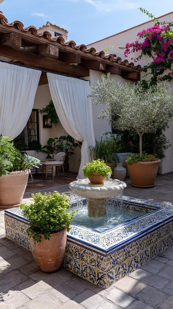 mediterranean-inspired courtyard with a hand-painted tiled water fountain 1