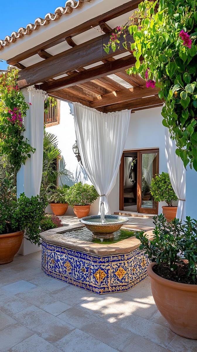 mediterranean-inspired courtyard with a hand-painted tiled water fountain 1