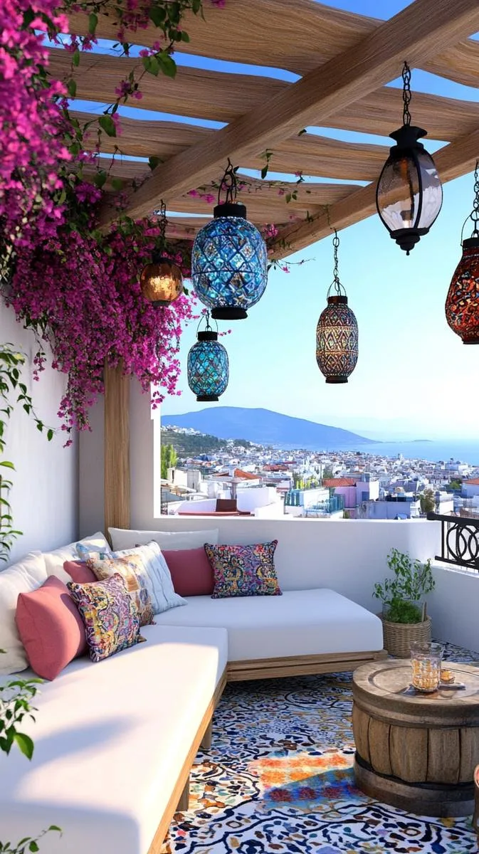 mediterranean-inspired pergola with bougainvillea and mosaic lanterns 1